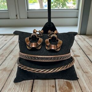 Vintage Renoir Copper Bangle Bracelet Lot Twisted Cuff & Flower Earrings MCM